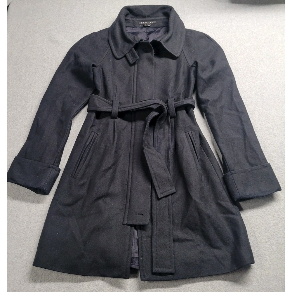 Theory Black Wool Blend Belted Trench Coat Jacket Petite P Zip Up Raglan Sleeve - Picture 1 of 11